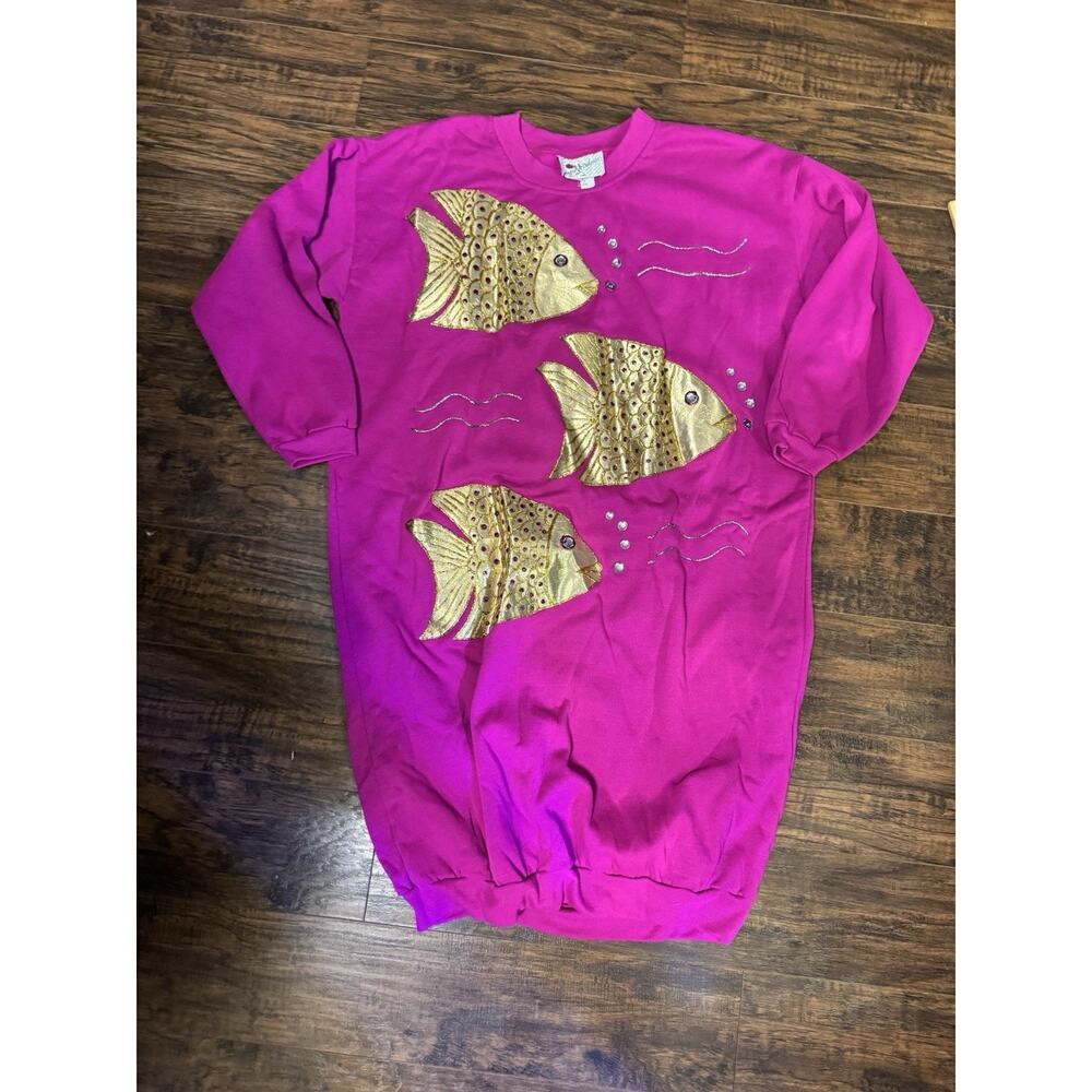 Vintage SERGIO VALENTE Sweatshirt Dress Pink Gold Fish Applique One Size